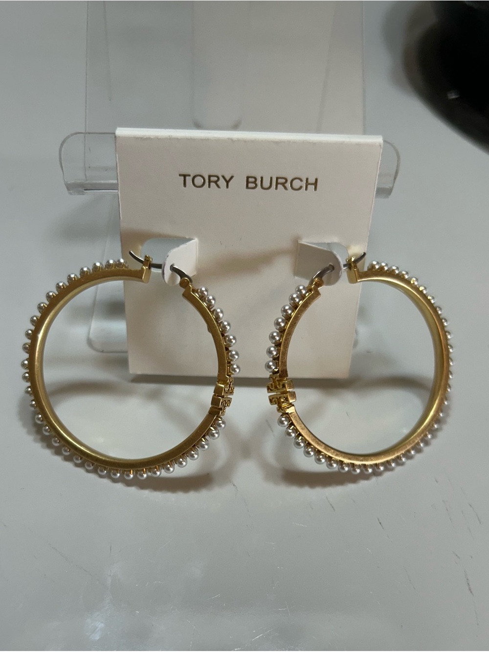 Tory Burch Gold Hoop Earrings with Pearl Trim